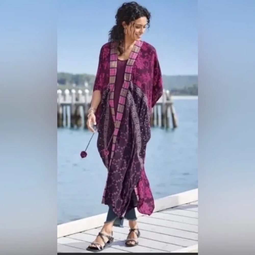 Soft Surroundings Embroidered Callie Kimono Topper Long Duster PS/M Purple Pink
